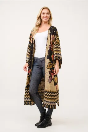 Embroidered Duster Kimono ~ Black & Tan