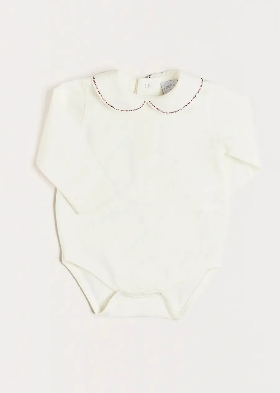 Embroidered Peter Pan Collar Long Sleeve Bodysuit in Burgundy (1mth-3yrs)