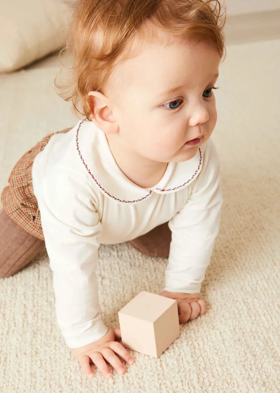 Embroidered Peter Pan Collar Long Sleeve Bodysuit in Burgundy (1mth-3yrs)