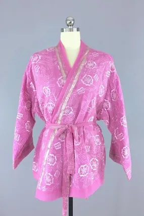 Embroidered Pink and Silver Silk Chiffon Kimono Cardigan made from a Vintage Indian Sari