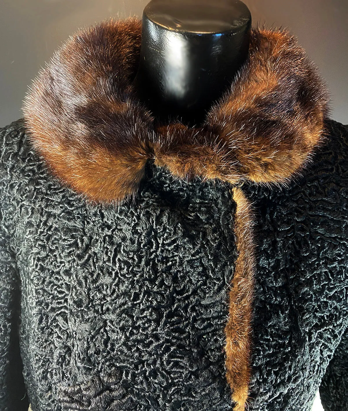 Fabulous Vintage Natural Black Persian Lamb Jacket, Coat, Mink Collar, Size 8-12