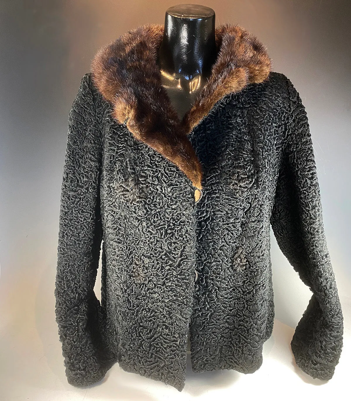 Fabulous Vintage Natural Black Persian Lamb Jacket, Coat, Mink Collar, Size 8-12