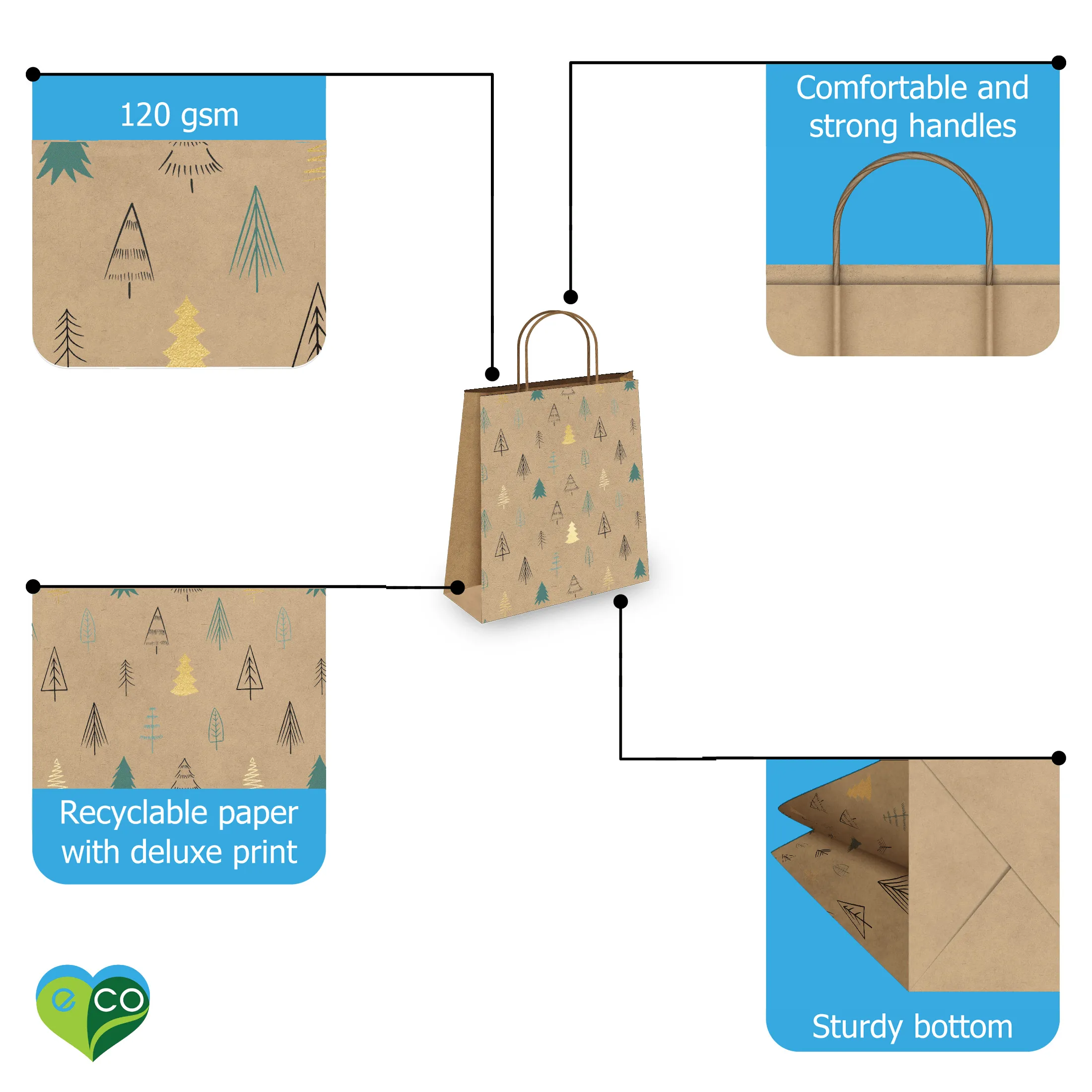 Fir Trees Kraft Gift Bags Mixed Size Set