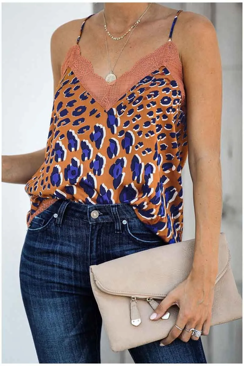 Florcoo Lace Leopard Chiffon Vest Top