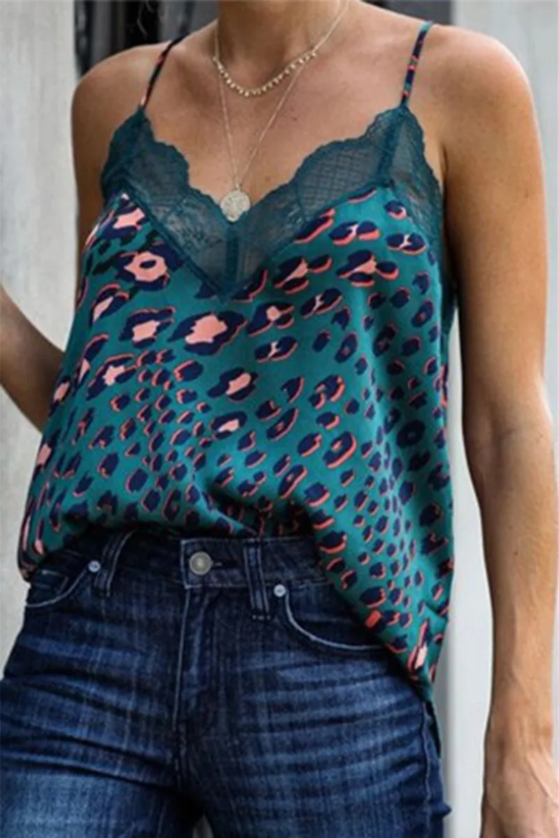 Florcoo Lace Leopard Chiffon Vest Top