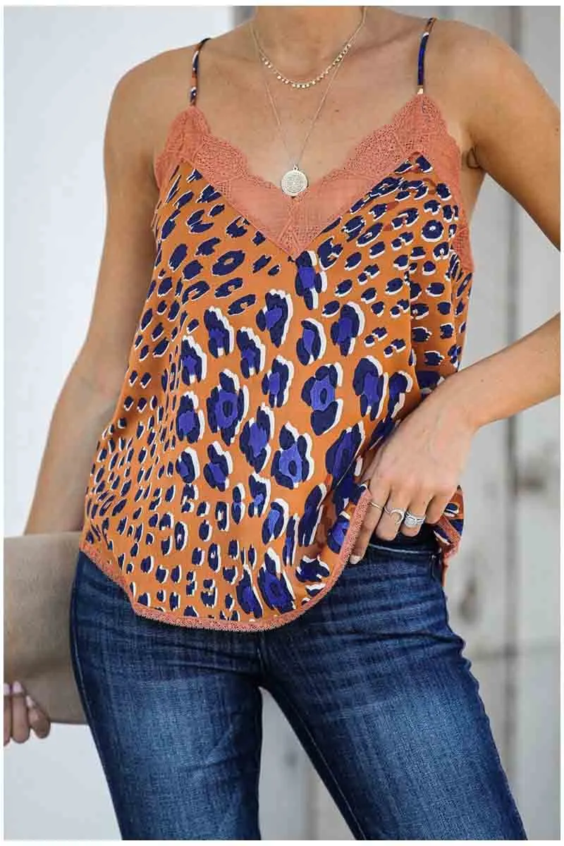 Florcoo Lace Leopard Chiffon Vest Top