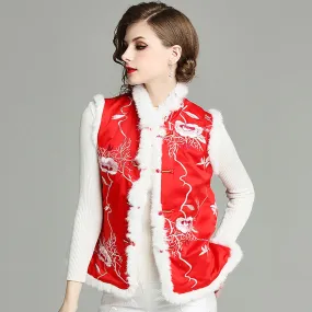 Fur Collar & Edge Floral Embroidery Brocade Chinese Waistcoat Vest