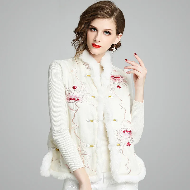 Fur Collar & Edge Floral Embroidery Brocade Chinese Waistcoat Vest