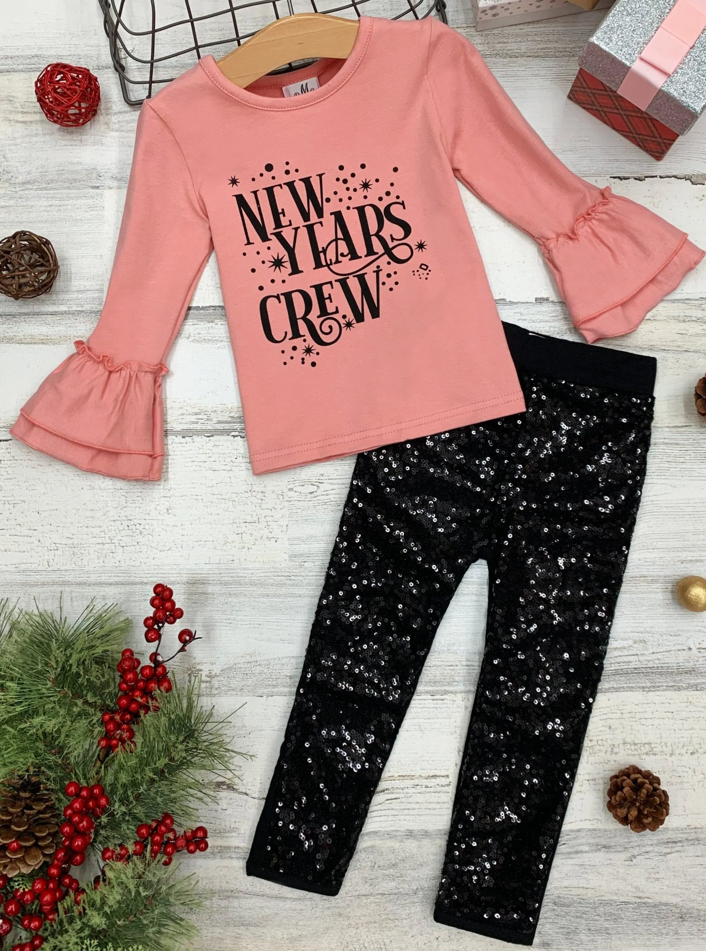 Girls "New Year's Crew" Long Sleeve Top & Sequin Leggings Set