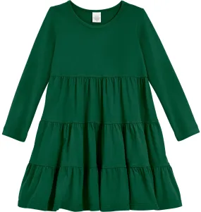 Girls Soft Cotton Jersey Long Sleeve Tiered Dress | Forest Green