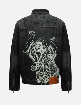 Godhead Print Relax Fit Biker Denim Jacket