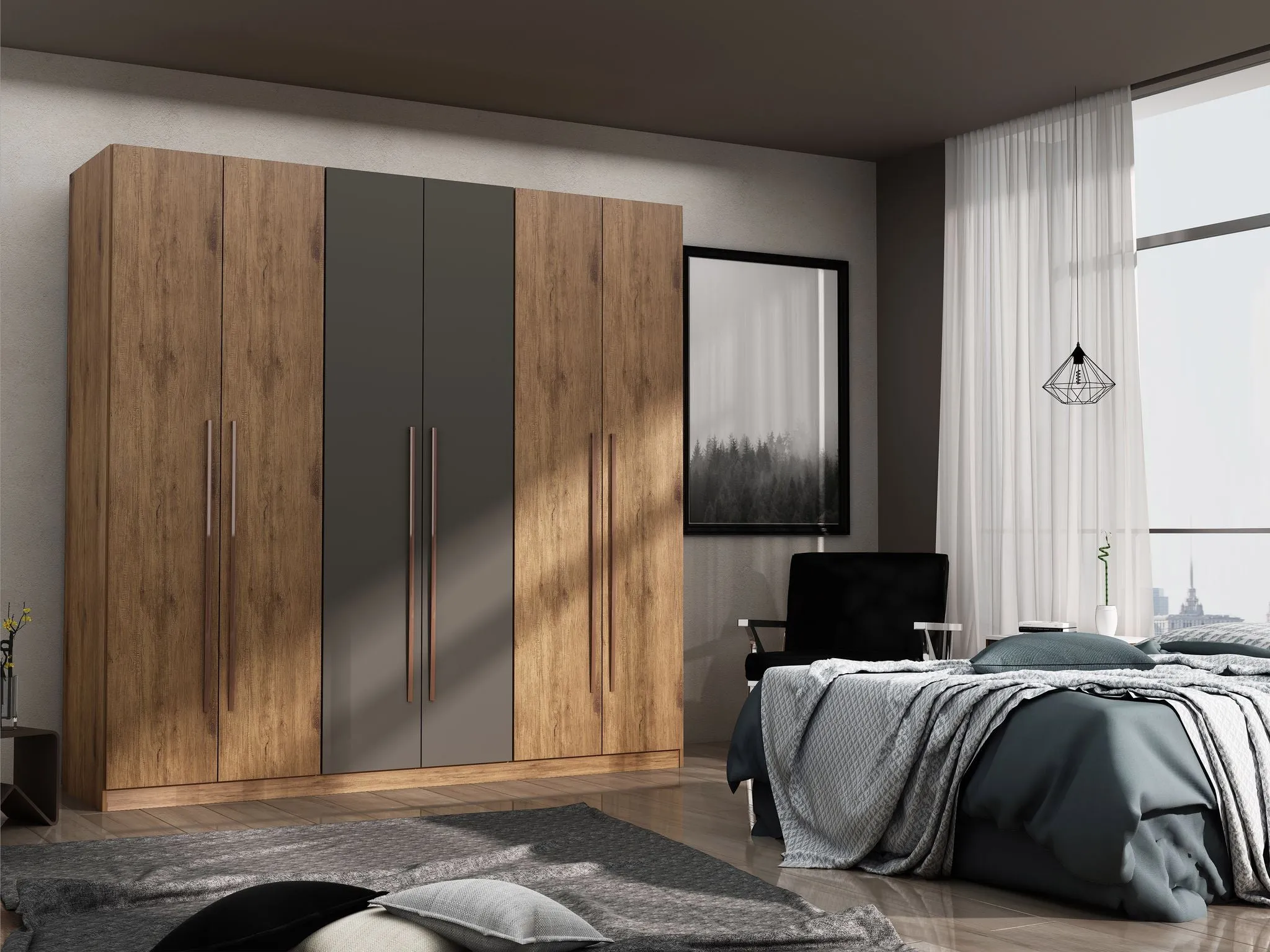 Gramercy Modern Freestanding Wardrobe Armoire Closet in Nature and Textured Grey