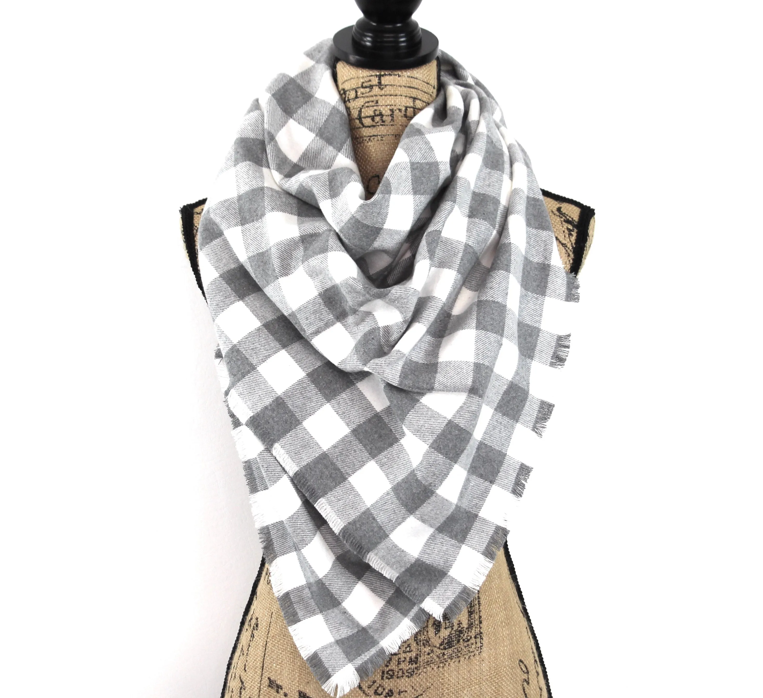 Gray and White Buffalo Plaid Flannel Plaid Infinity or Blanket Scarf