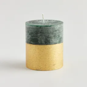 Green and Gold half-dipped Winter Thyme Scented Christmas Pillar Candle