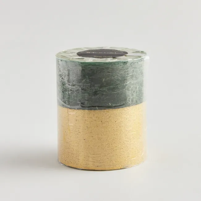 Green and Gold half-dipped Winter Thyme Scented Christmas Pillar Candle