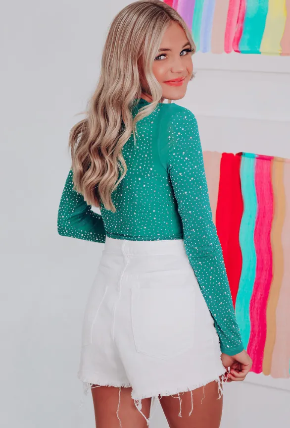 Green Rhinestone Slim Fit Long Sleeve Bodysuit