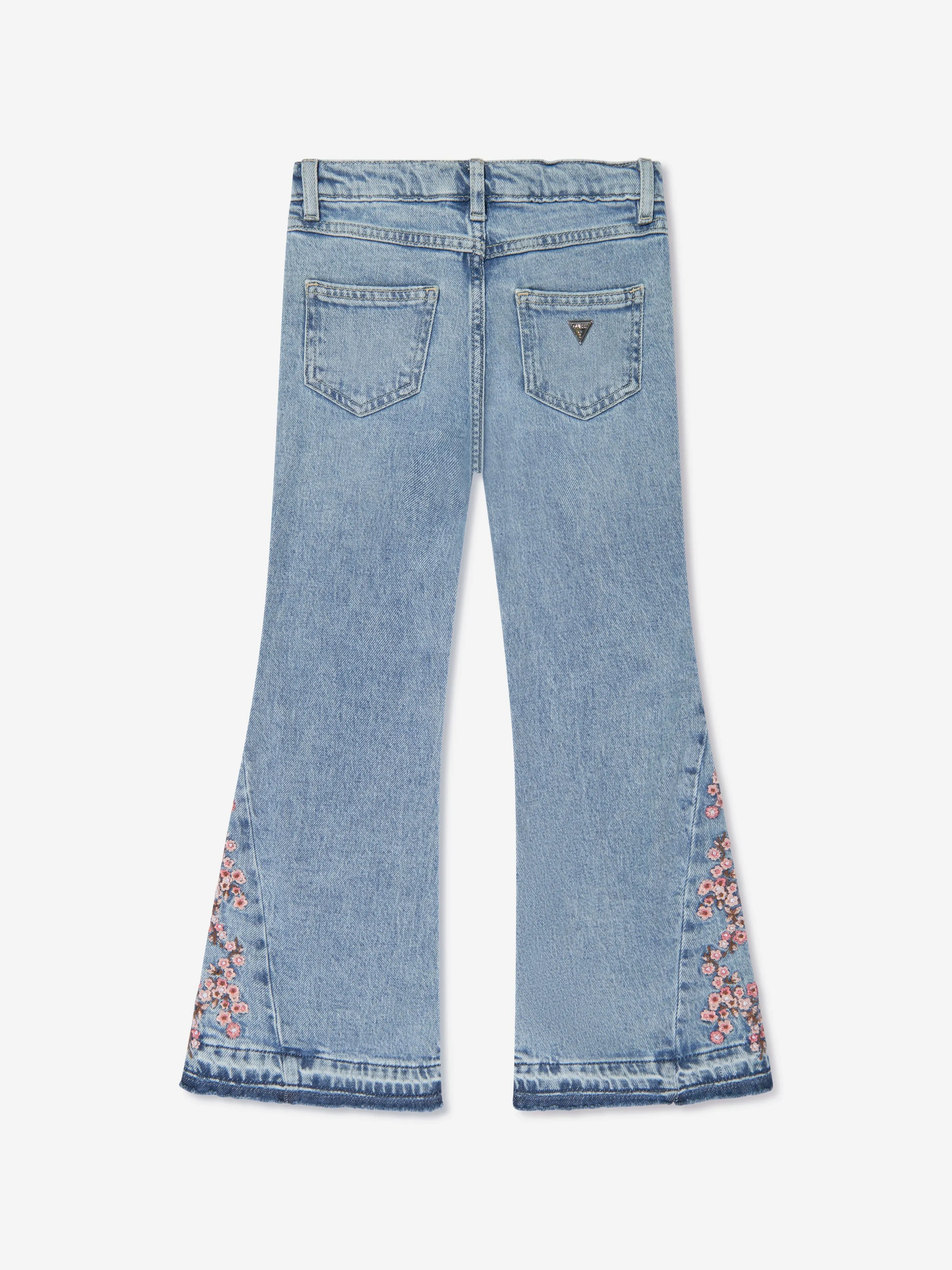 Guess Girls Floral Flared Denim Jeans in Blue