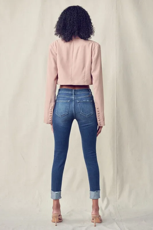 HIGH RISE SKINNY JEANS WITH ANKLE DETAIL  (DK WASH)