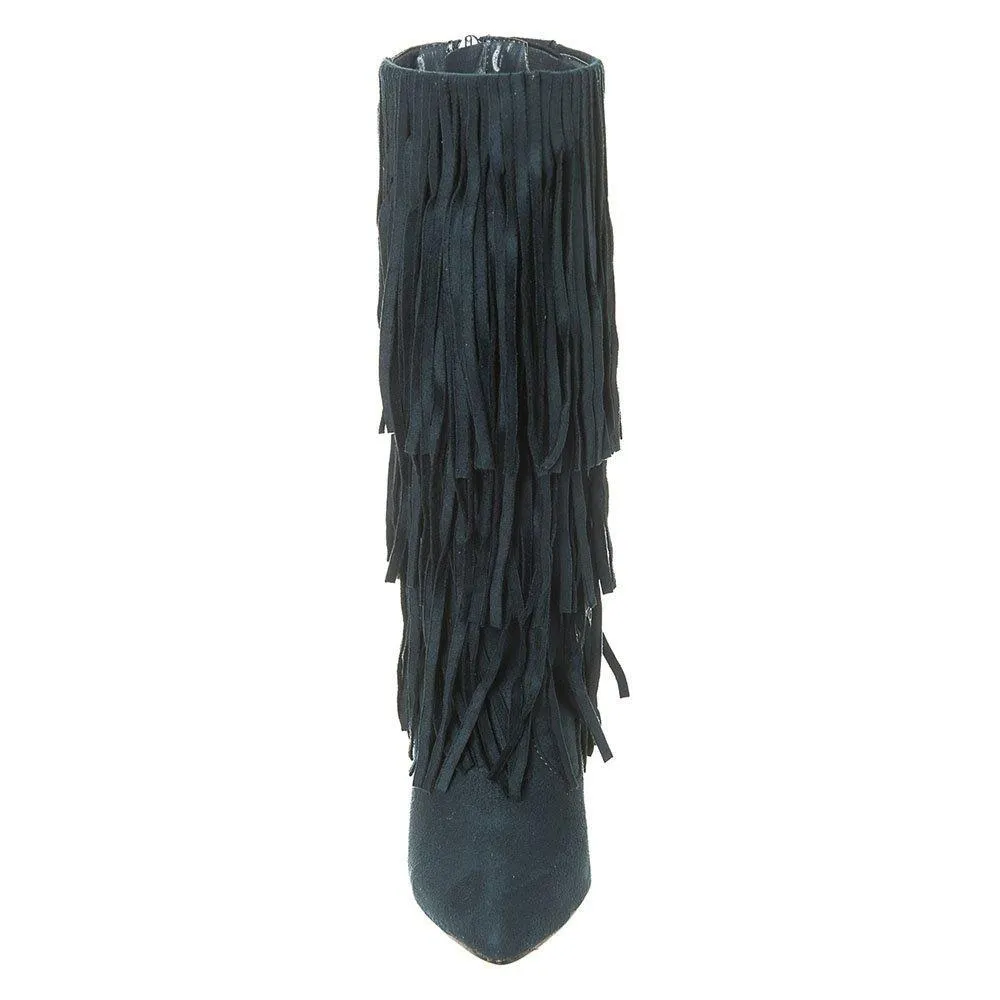 High Stiletto Heel Pointed Toe Calf Length Boot with Fringe Trim