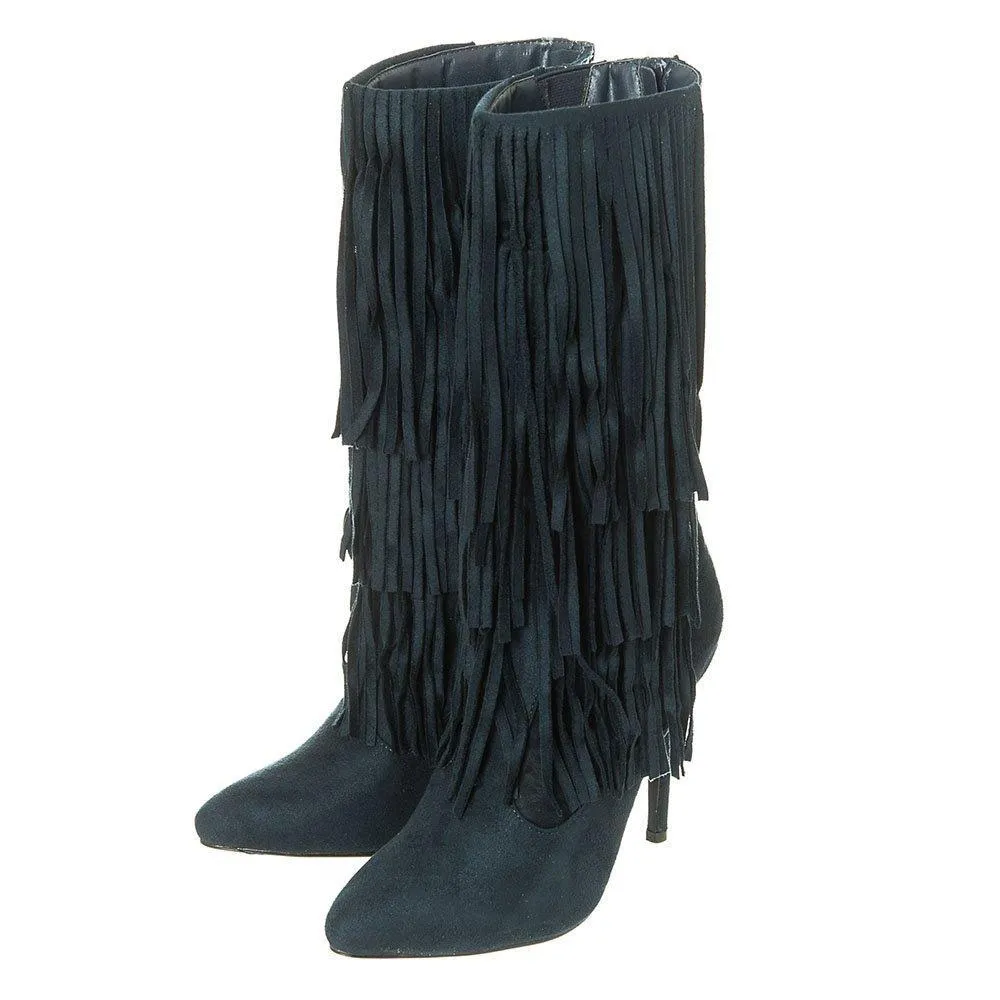 High Stiletto Heel Pointed Toe Calf Length Boot with Fringe Trim