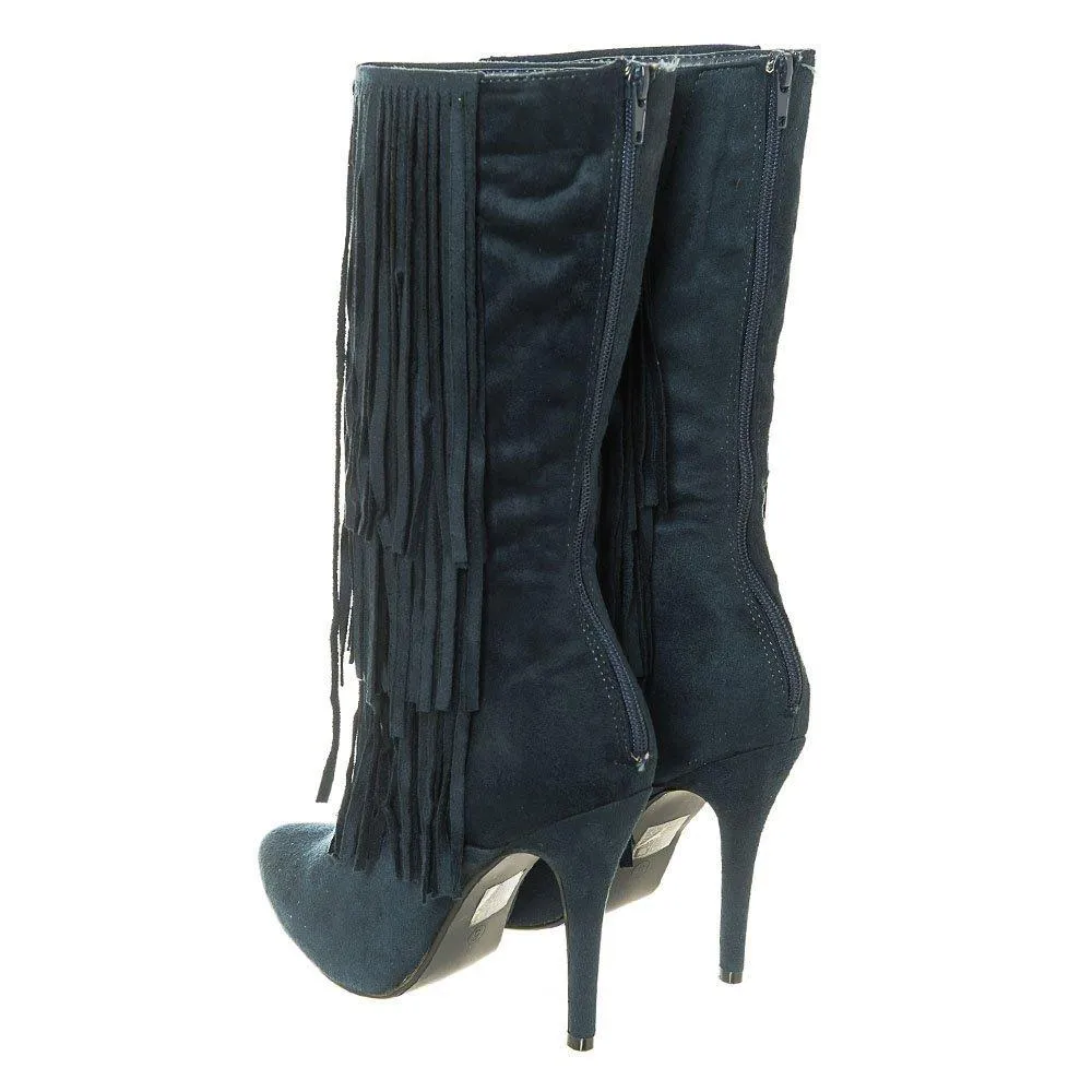 High Stiletto Heel Pointed Toe Calf Length Boot with Fringe Trim