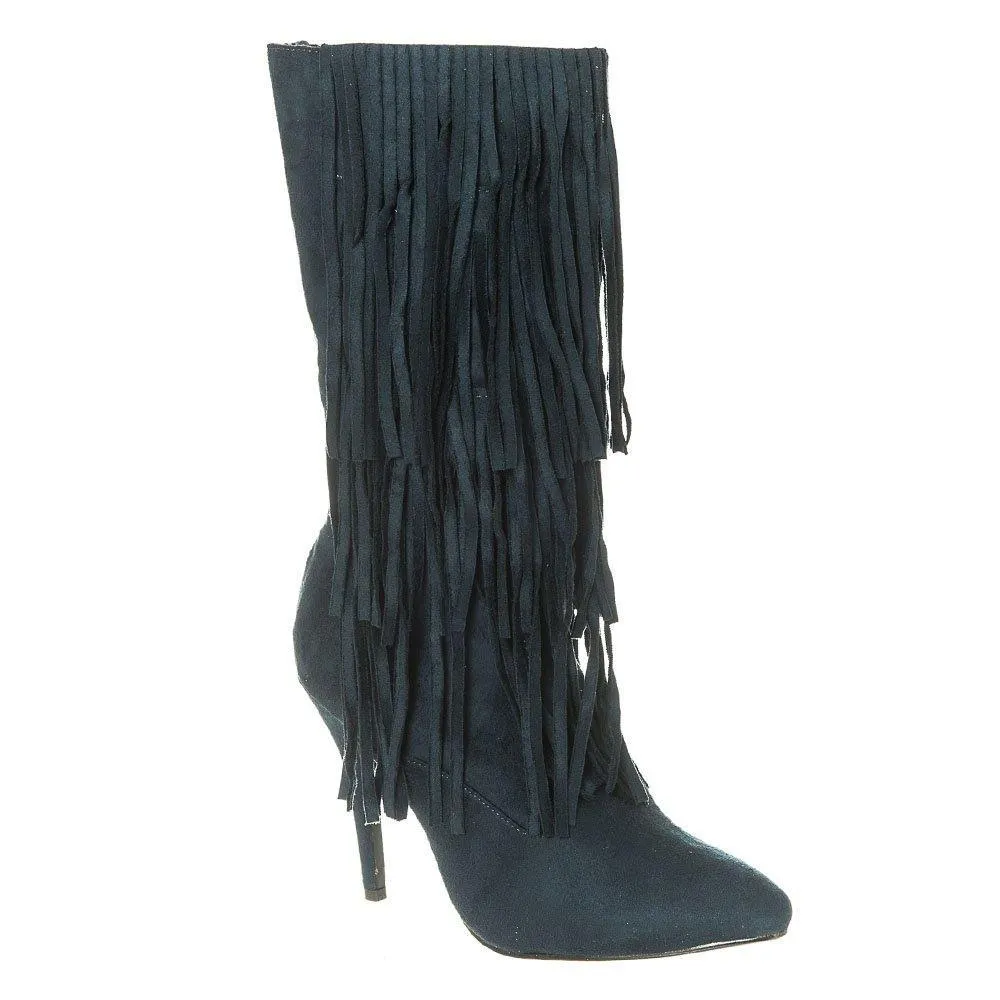 High Stiletto Heel Pointed Toe Calf Length Boot with Fringe Trim