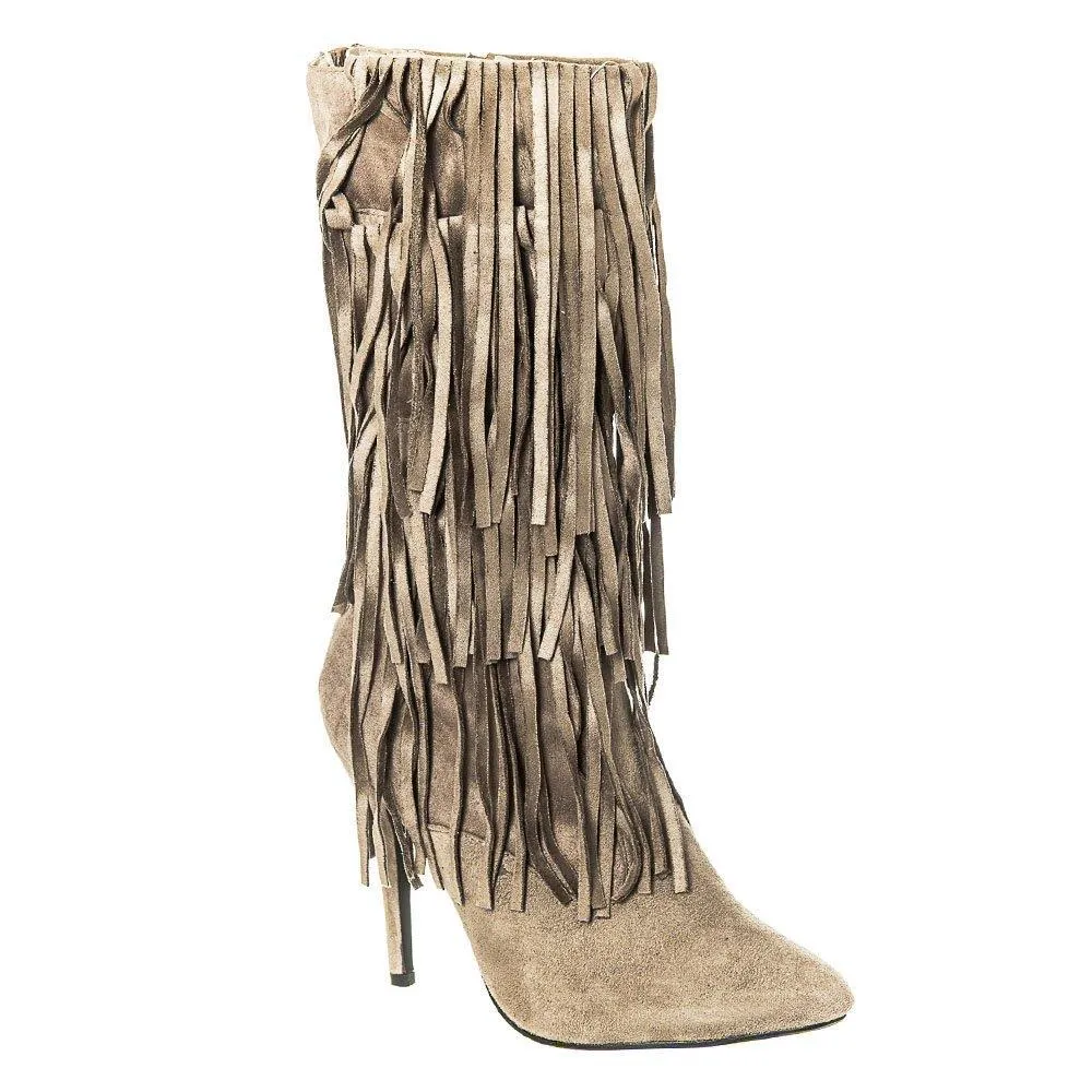 High Stiletto Heel Pointed Toe Calf Length Boot with Fringe Trim