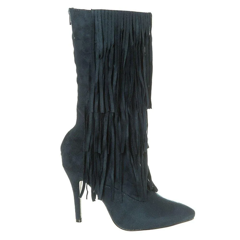 High Stiletto Heel Pointed Toe Calf Length Boot with Fringe Trim