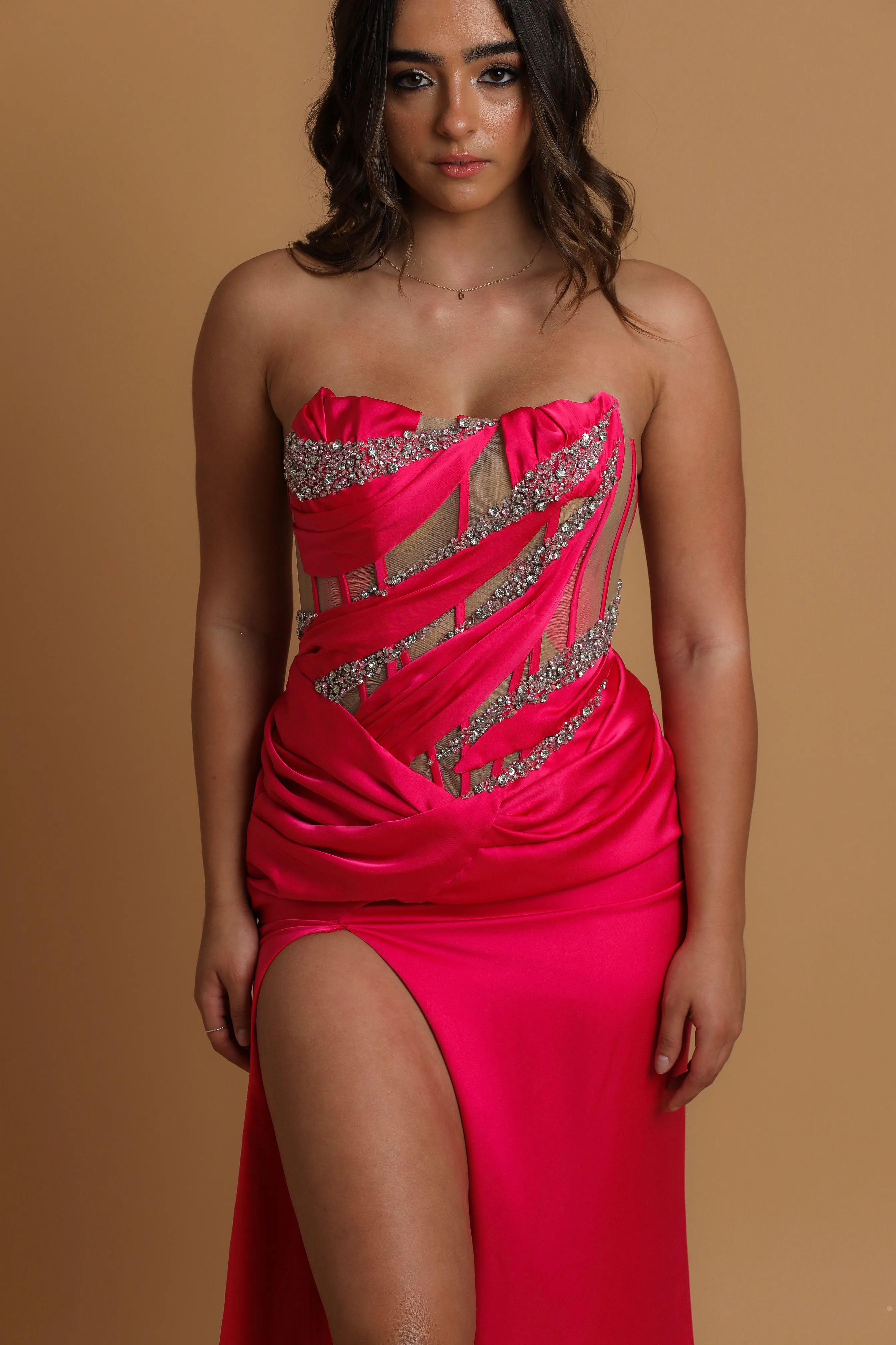 hot pink mesh panelling corset dress for hire