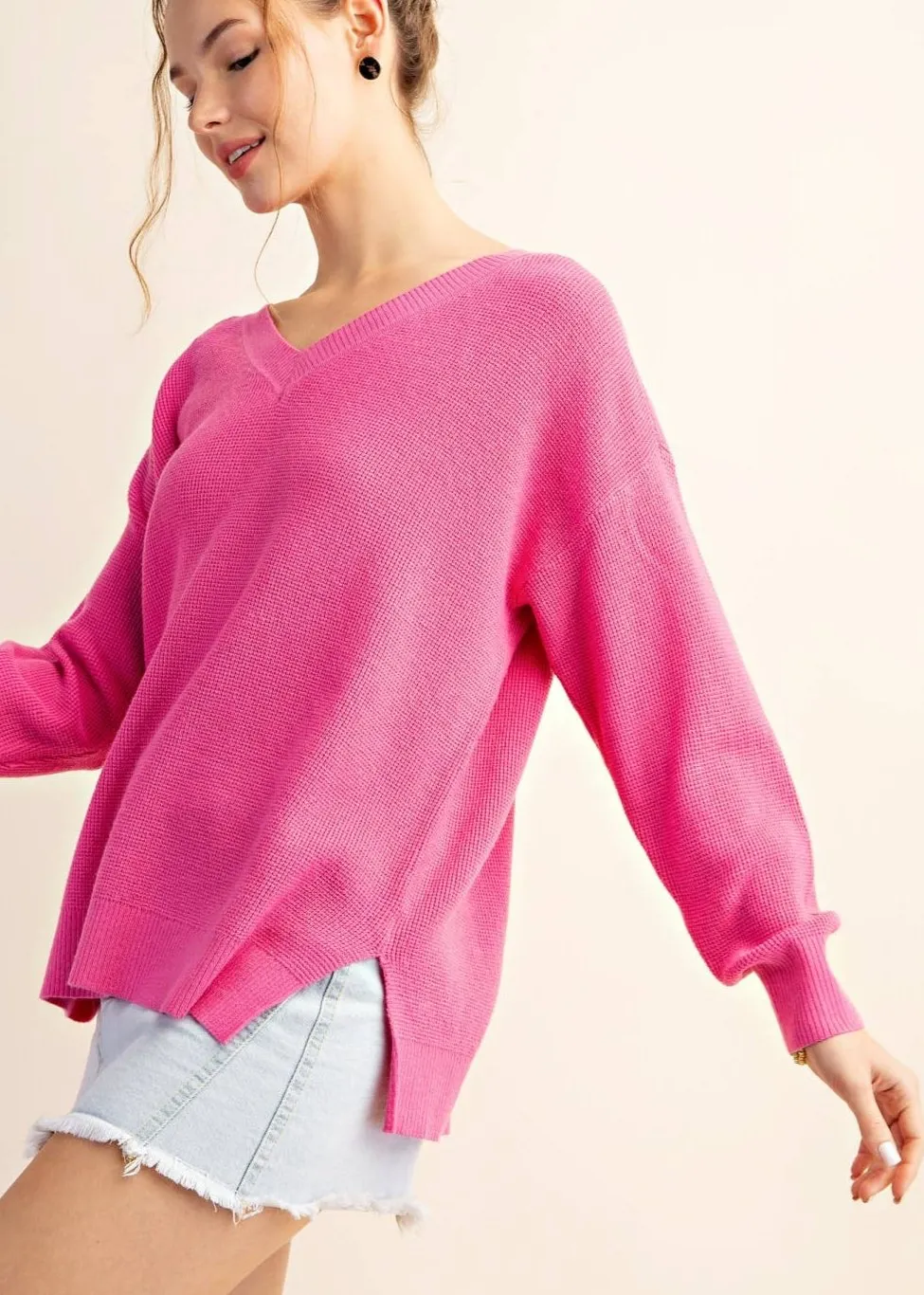 Hot Pink Waffle Texture Lightweight V-neck Sweater