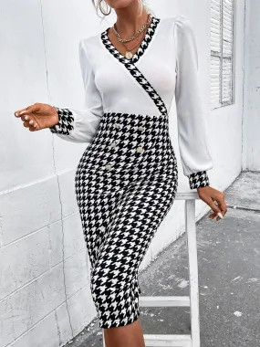 Hounds tooth Long Sleeve Slit Dress