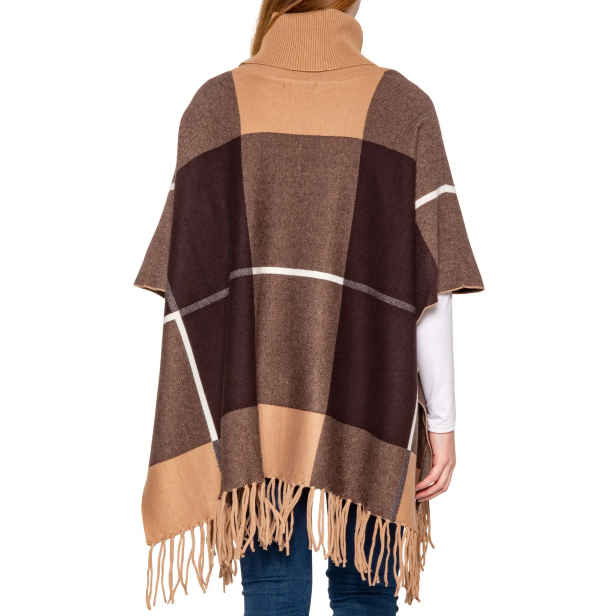 House of Harlow 1960 Women's Mock Neck Plaid Fringed Poncho