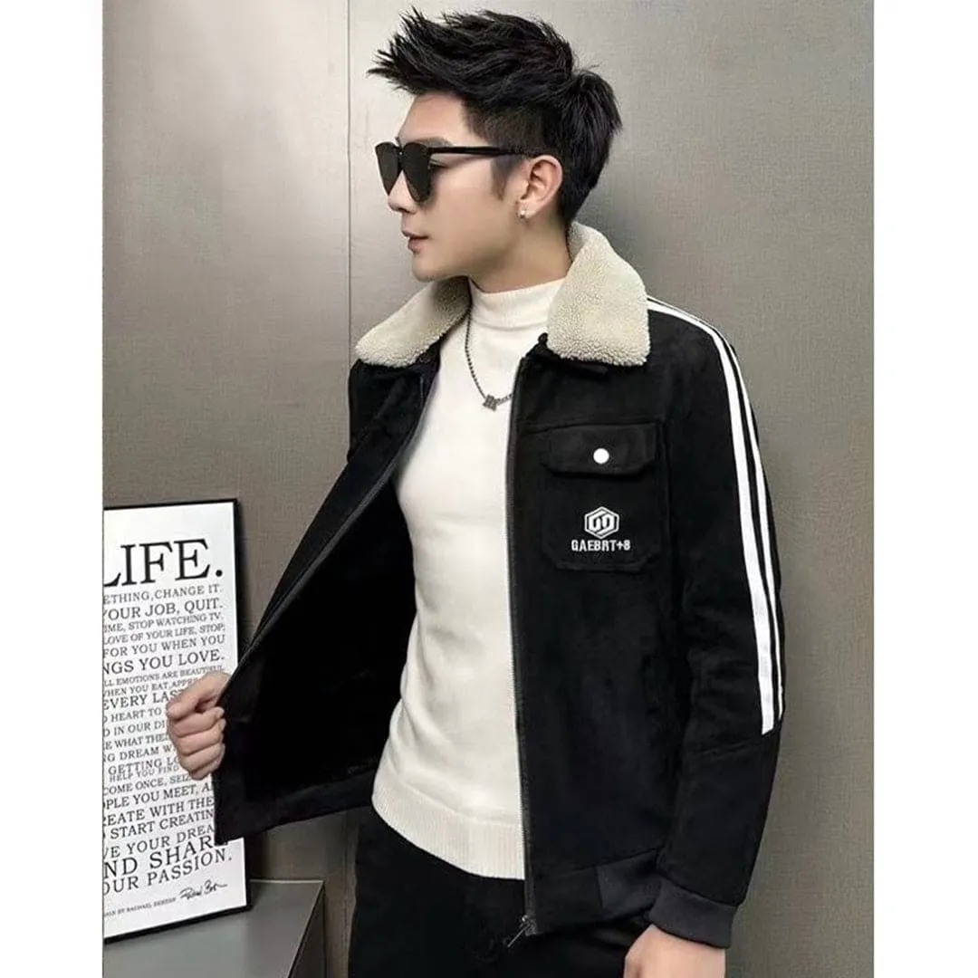 Imported Suede Front Zip Fur Collar Premium Jacket For Men