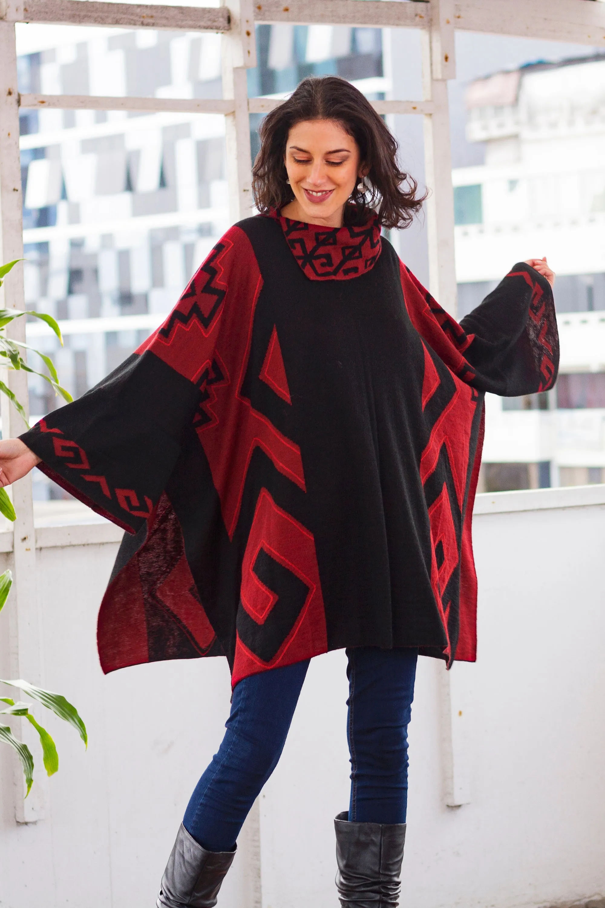 Inca Claret Knit Alpaca Blend Red and Black Poncho