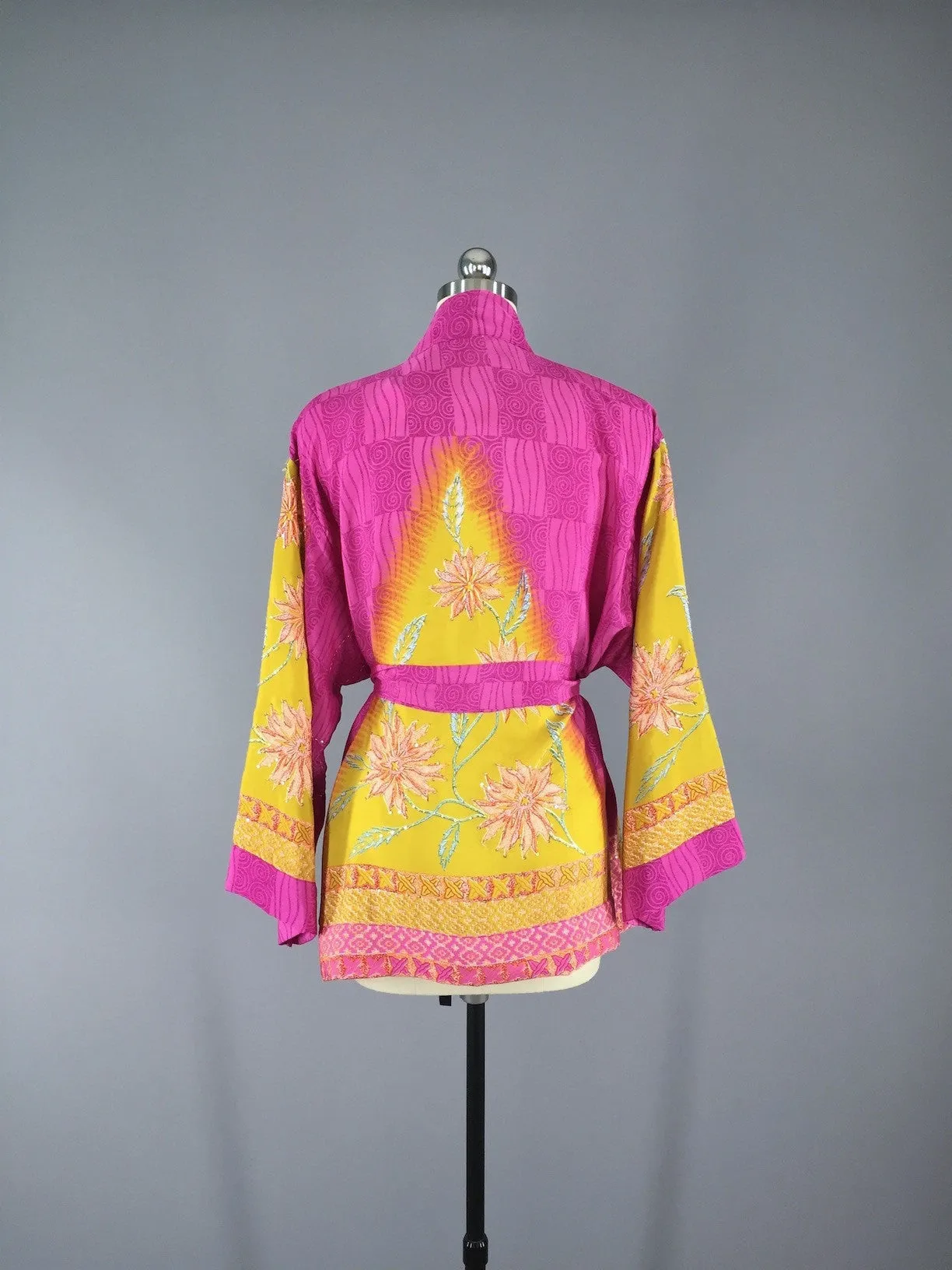 Kimono Cardigan / Vintage Indian Sari / Pink Yellow Floral Embroidered