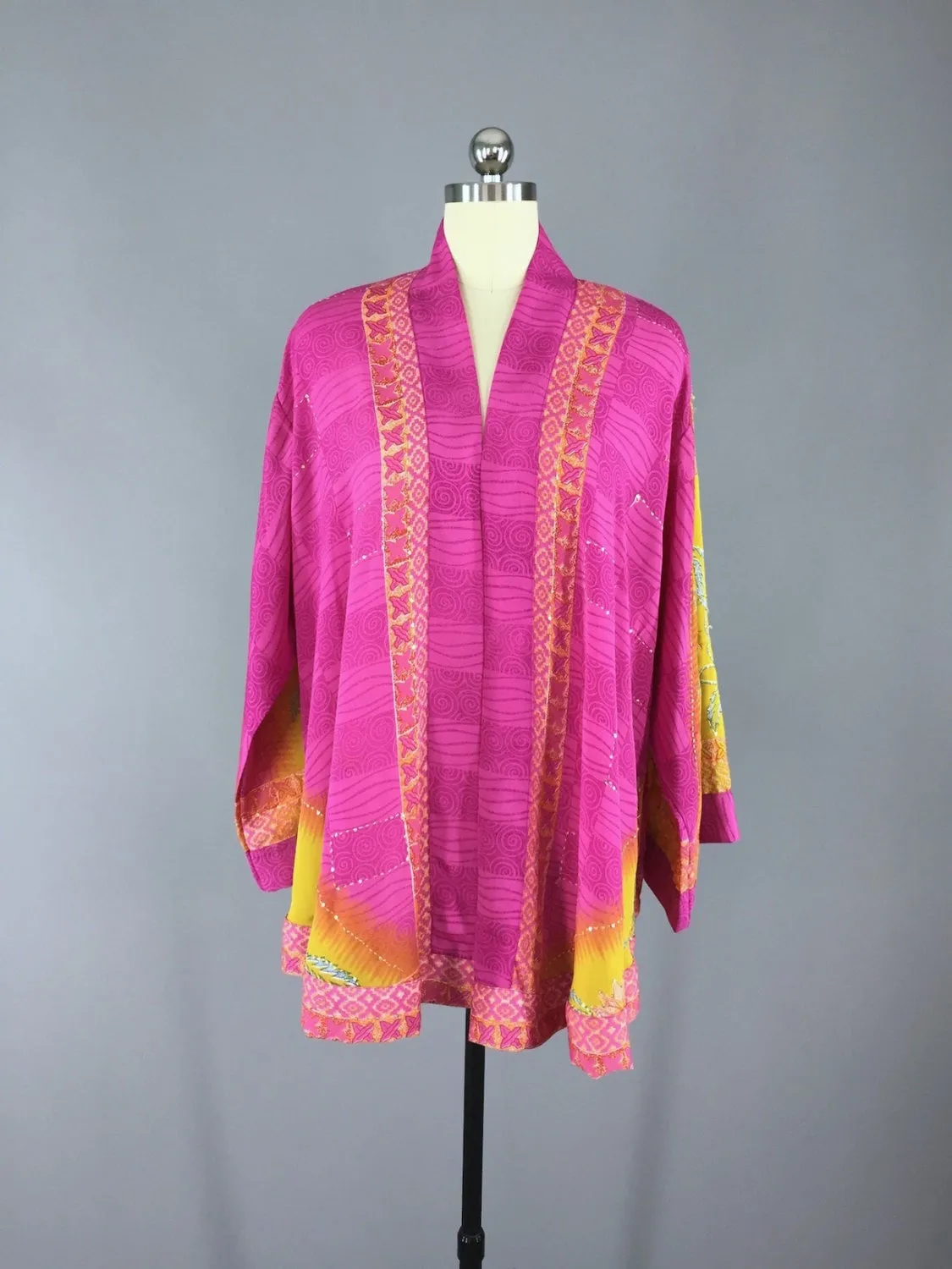 Kimono Cardigan / Vintage Indian Sari / Pink Yellow Floral Embroidered