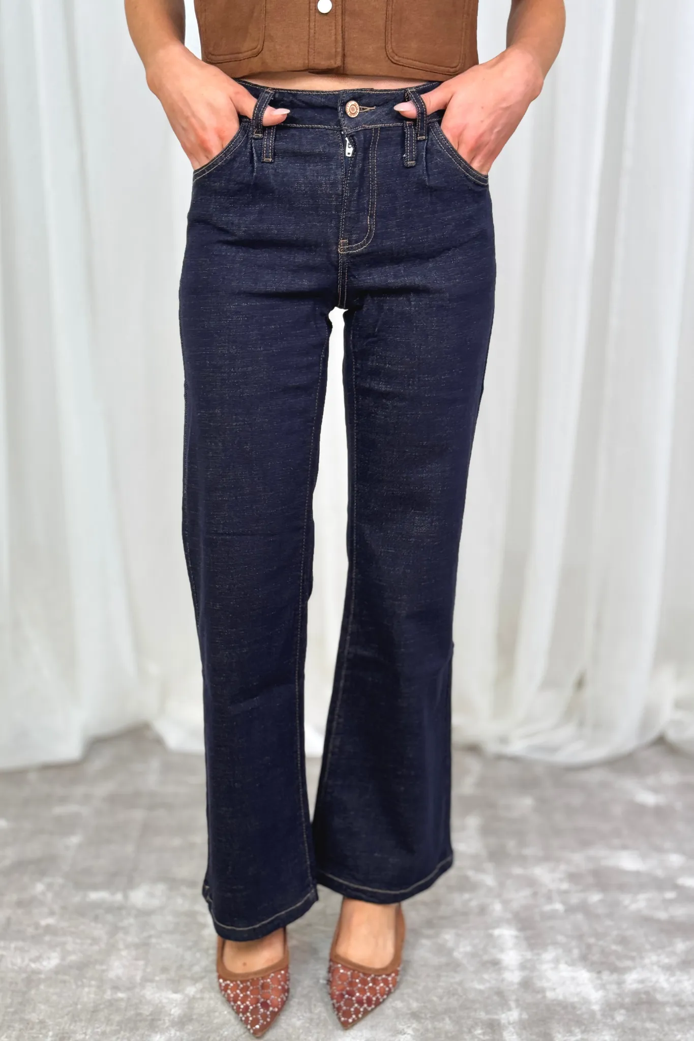 Kitty Pleat Front Wide Leg Jeans In Dark Wash