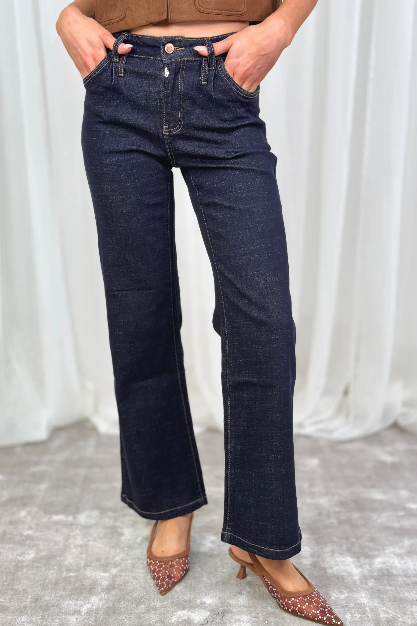 Kitty Pleat Front Wide Leg Jeans In Dark Wash