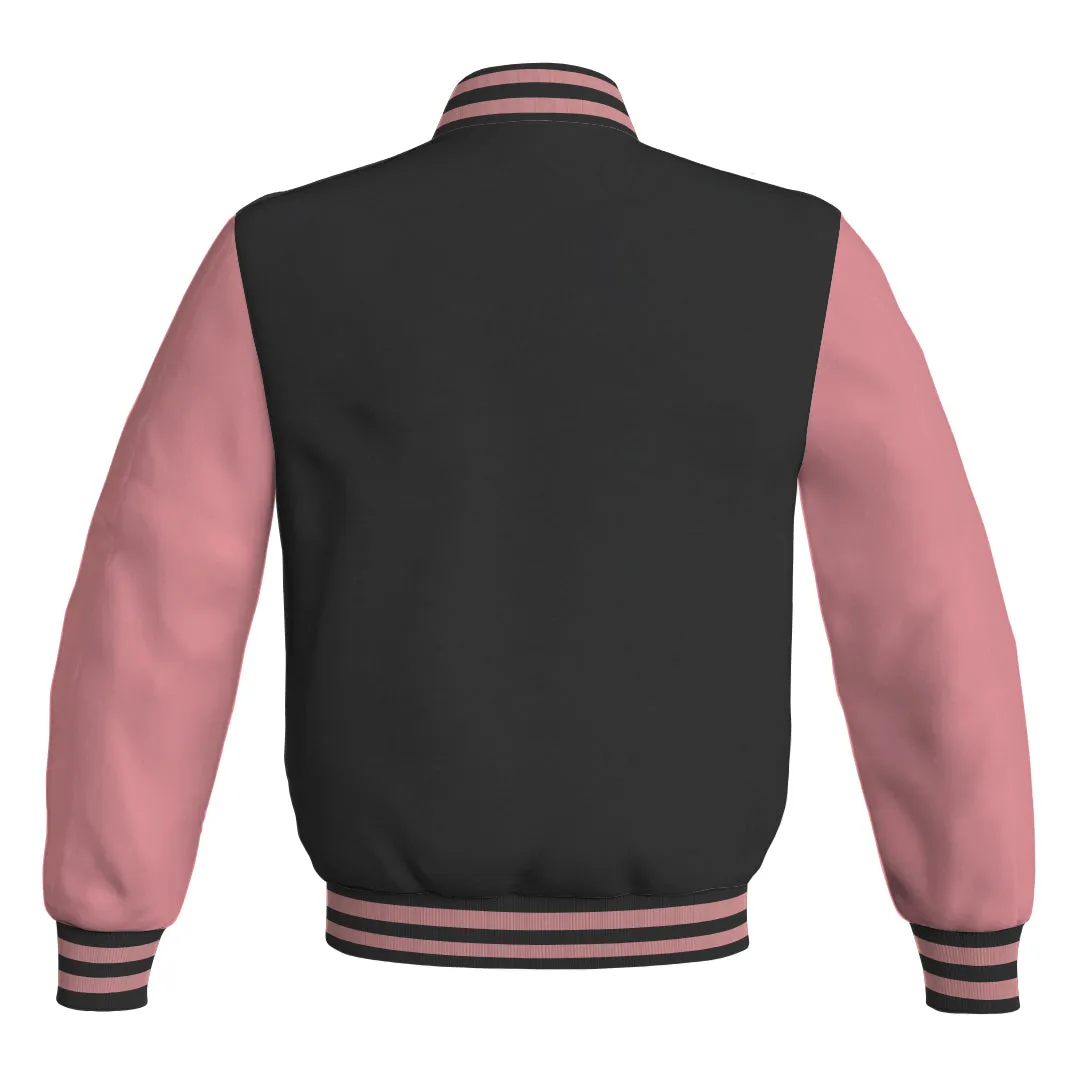 Ladies Varsity Jacket Black Body and Pink Leather Sleeves Bomber Jacket