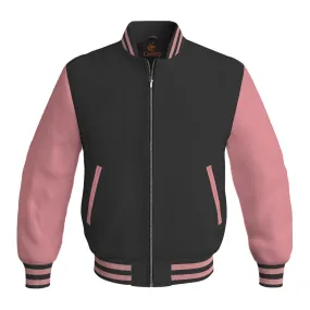 Ladies Varsity Jacket Black Body and Pink Leather Sleeves Bomber Jacket