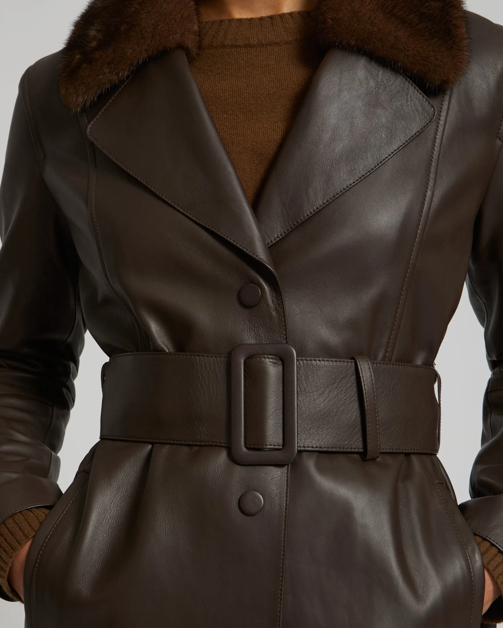 Lamb leather coat with a mink fur collar