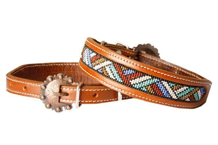 Leather Dog Collar Beaded Inlay Red, White, Periwinkle, Mint, & Gold