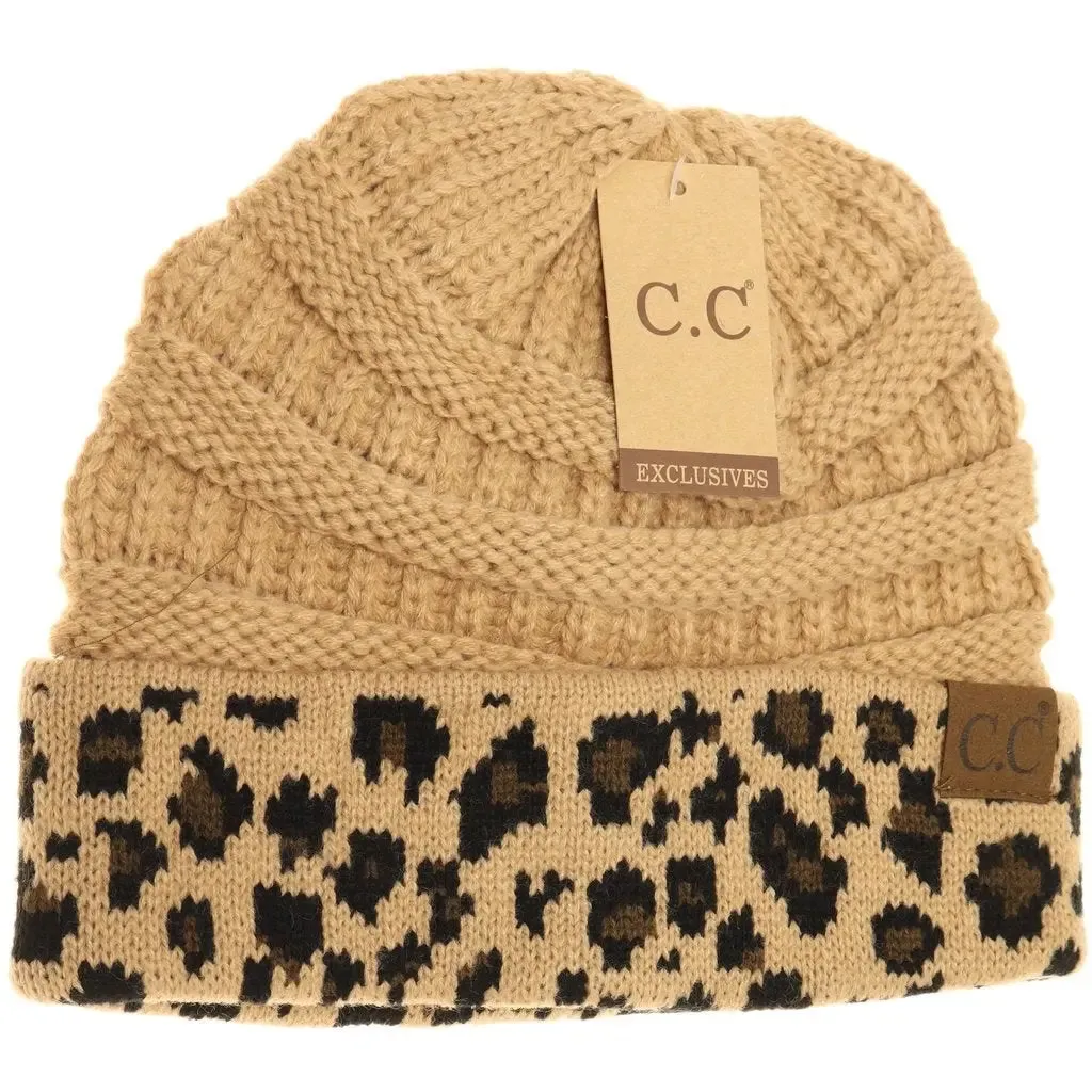 Leopard Print Matching Cuff Beanie