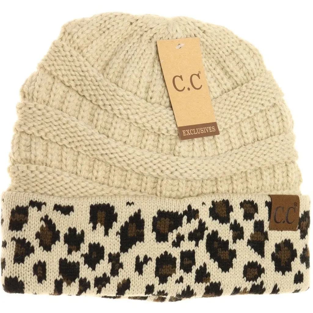 Leopard Print Matching Cuff Beanie