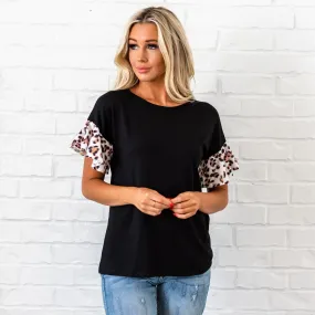 Leopard Ruffle Sleeve Top - Black