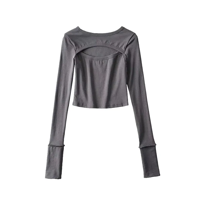 Lisia Solid Color Slim Long Sleeve Chest Cut Out Cropped Top