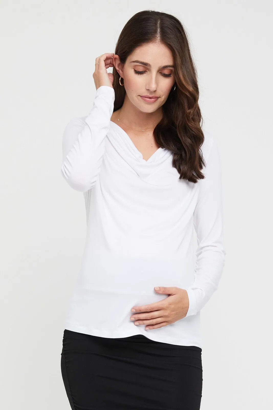 Long Sleeve Cowl Neck Maternity Top - White