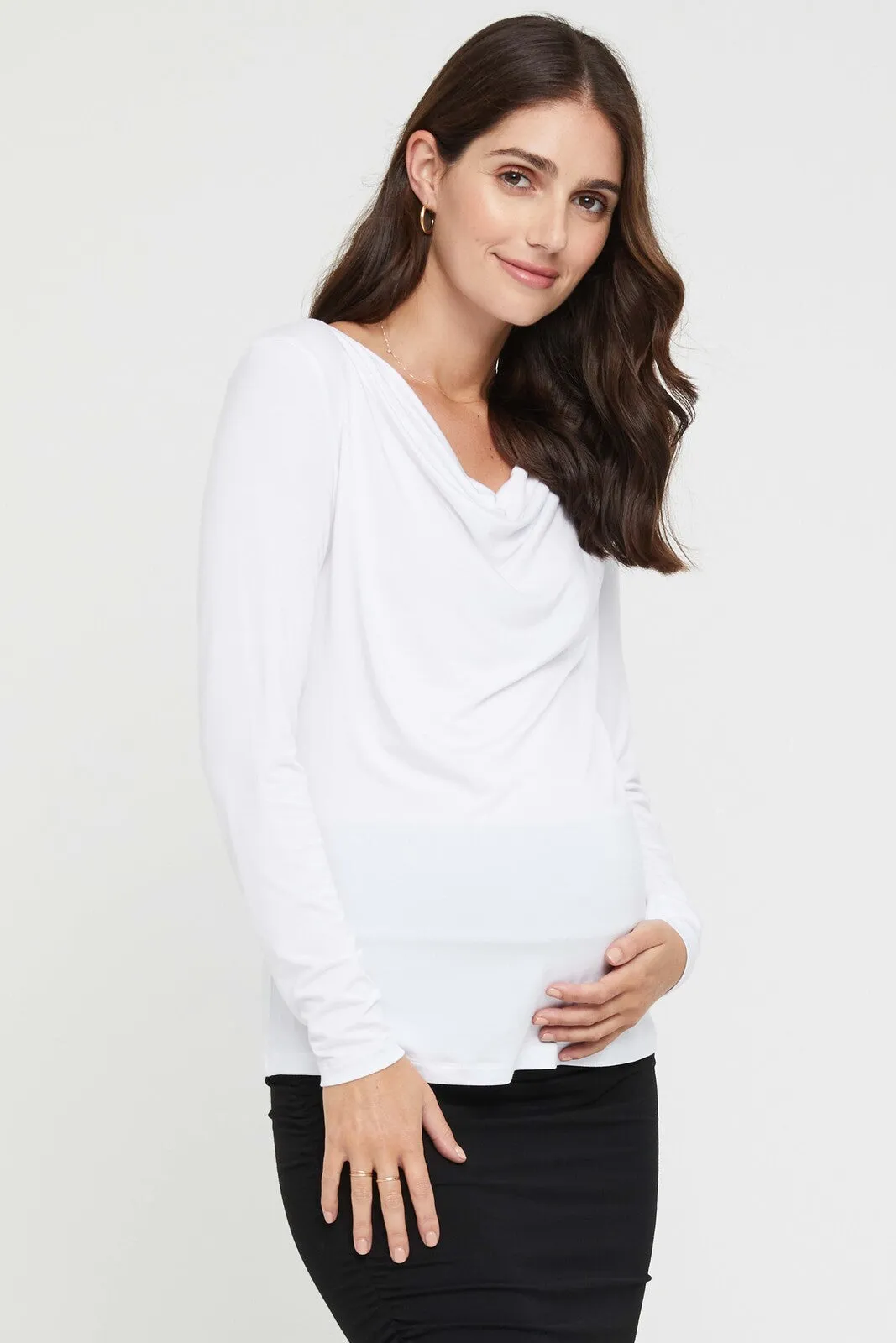 Long Sleeve Cowl Neck Maternity Top - White