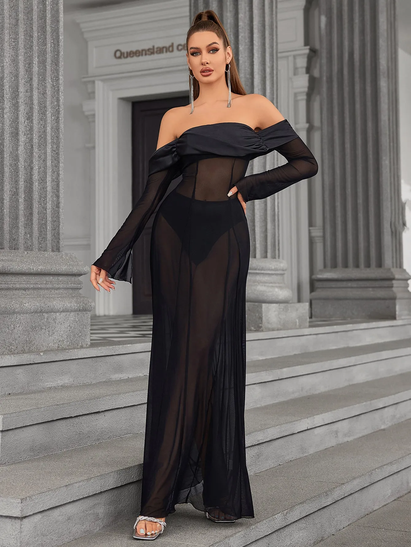 Long Sleeve Off Shoulder Satin Patchwork Mesh Dress