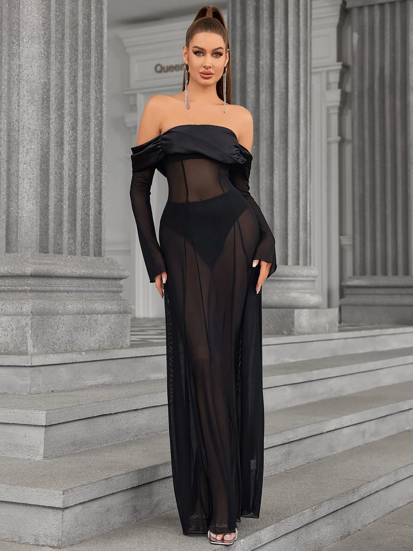 Long Sleeve Off Shoulder Satin Patchwork Mesh Dress